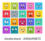 Face expressions. Vector icon set of cartoon character face expressions with smiling, laughing, dreaming, fall in love, sad, fear, crying, cheerful mouth and eyes. Emoji emotion in different mood.