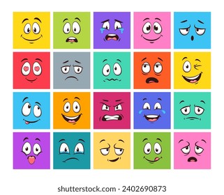 Expresiones faciales. Icono vectorial conjunto de personajes de caricatura se enfrentan a expresiones sonrientes, riendo, soñando, enamorándose, triste, miedo, llorando, boca y ojos alegres. Emoji emoción de diferente humor.