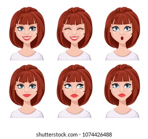 Face Expressions Of Woman With Brown Hair. Different Female Emotions Set. Beautiful Cartoon Character. Vector Illustration Isolated On White Background.