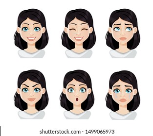 Face expressions of woman with dark hair. Different female emotions set. Beautiful cartoon character. Vector illustration isolated on white background.