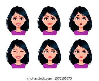 Face expressions of woman with dark hair. Different female emotions set. Beautiful cartoon character. Vector illustration isolated on white background.