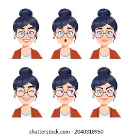 Face expressions of woman in glasses. Different female emotions set