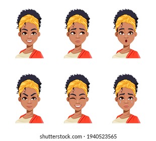 Face expressions of young African American woman. Different female emotions set. Beautiful cartoon character. Stock vector illustration