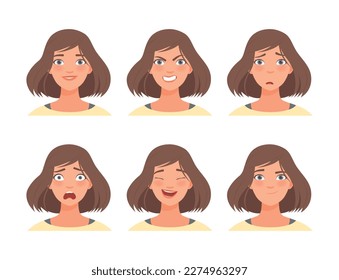 Face expressions of young beautiful woman set. Female character with different emotions cartoon vector illustration