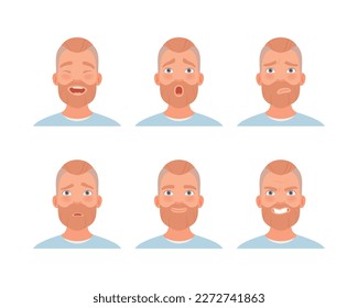 Face expressions of young man set. Bearded male character with sceptic, angry, happy, upset face cartoon vector illustration