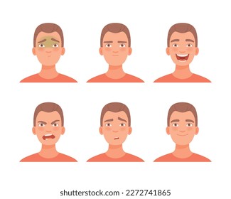 Face expressions of young man set. Male character with sceptic, angry, happy, upset, cheerful face cartoon vector illustration