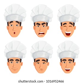 Face expressions of young professional chef man in cook hat. Different emotions set. Restaurant staff character design. Vector illustration isolated on white background.