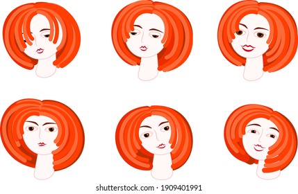 Face expressions of young woman with ginger hair.  Set of emotions of woman. Vector illustration on white background