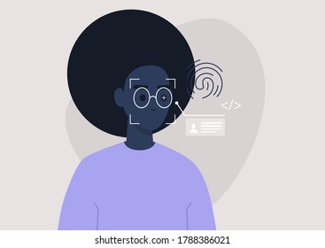 Face, eye and fingerprint scanning technologies, cyber security, biometrics, young black female character passing the identity test