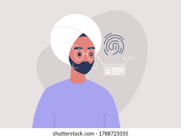 Face, eye and fingerprint scanning technologies, cyber security, biometrics, young indian male character passing the identity test