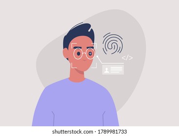 Face, eye and fingerprint scanning technologies, cyber security, biometrics, young male character passing the identity test