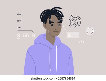 Face, Eye, And Fingerprint Scanning Technologies, Cybersecurity, Biometrics, A Young Male Black Character Passing The Identity Test