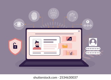 Tecnologías de escaneo facial, ocular y de huellas dactilares, ciberseguridad, biometría. Varias Contraseñas biométricas en la computadora portátil. Autenticación, verificación. protección de la Cuenta. Clave gráfica. Ilustración vectorial