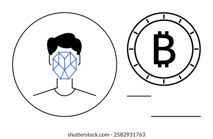 Face with facial recognition pattern beside a Bitcoin symbol. Ideal for fintech, cryptocurrency security, digital identity, blockchain, biometrics, future tech, and secure payments. Line metaphor