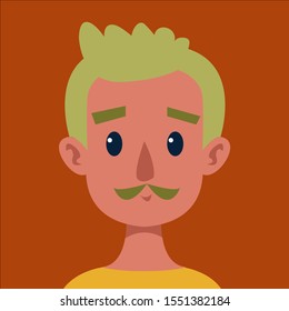 The face of a fair-skinned gay man with green hair and a mustache. Portrait on a brown background. Cartoon flat style vector illustration.