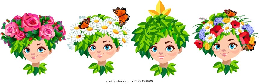 El rostro de una niña de hadas con guirnaldas de flores en su cabeza un conjunto de cuatro opciones para la decoración del cabello rosas flores de maíz margaritas dientes de león amapolas rojas Vector