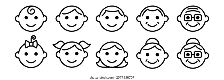 Face family icon set. Line icons of people of different ages. Face icon baby, sister, brother, girl, boy, mother, father, grandfather, grandmother, male, female. Cute face icon. Vector illustration