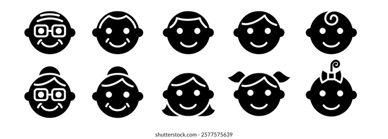 Face family icon set. Line icons of people of different ages. Face icon baby, sister, brother, girl, boy, mother, father, grandfather, grandmother, male, female. Cute face icon. Vector illustration