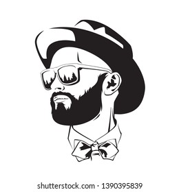 Face Of Fashion Bearded Man With Wearing Hat And Styled Sunglasses, Vector Illustration Isolated On White Background