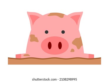 Face fat pink cute pig in a mud pond on white background flat vector design.