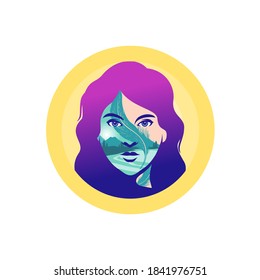 face with feather, mountain, river  vector drawing. Botanical print. Nature symbol of cosmetics.  Fashion print. Beauty salon logo.