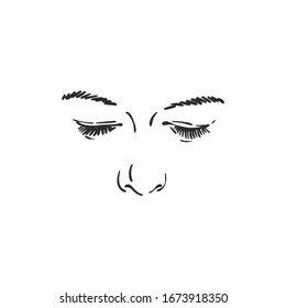 Face Features Of Young Woman - Closed Eyes And Nose, Vector Sketch Isolated On White, Hand Drawn Linear Illustration