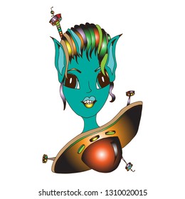 The face of a female alien, ufo. Hand-drawn psychedelic print