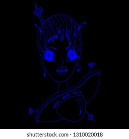 The face of a female alien, ufo. Hand-drawn psychedelic print