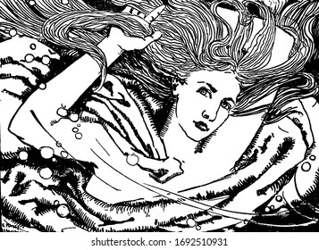 Face of female, vintage line drawing or engraving illustration