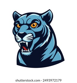 The face of a ferocious panther. The logo is in a flat style. A template for the design of a print of clothes, stickers and souvenirs. Vector illustration. Isolated on a white background. 