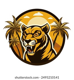 The face of a ferocious panther. The logo is in a flat style. A template for the design of a print of clothes, stickers and souvenirs. Isolated on a white background. Vector illustration.