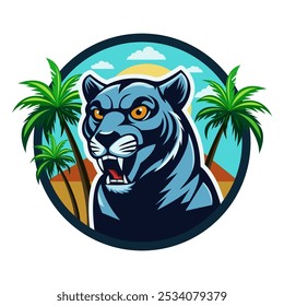 The face of a ferocious panther. The logo is in a flat style. A template for the design of a print of clothes, stickers and souvenirs. Vector illustration.