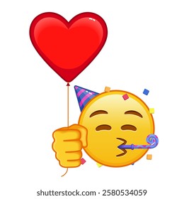 Face with a festive horn and cap with red heart baloon Large size of yellow emoji smile
