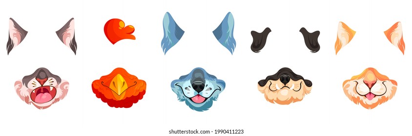 Face filter with animal masks for video chat, selfie photo and social media content. Vector cartoon set of cute nose and ears of dog, cat and rooster for mobile phone application