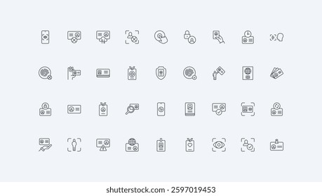 Face and fingerprint recognition to access thin black outline symbols vector illustration. ID card, identity and personality identification with documents, biometric scan line icon set