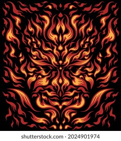 Face of fire. Editable hand drawn illustration. Vector engraving. Isolated on black background. 8 EPS