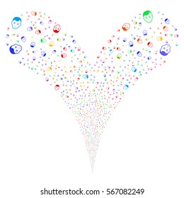 Face fireworks stream. Vector illustration style is flat bright multicolored iconic symbols on a white background. Object double fountain created from random icons.