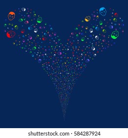 Face fireworks stream. Vector illustration style is flat bright multicolored iconic symbols on a blue background. Object double fountain constructed from random design elements.