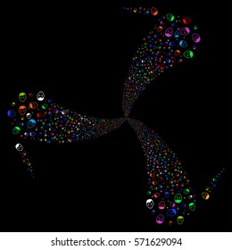 Face fireworks swirl rotation. Vector illustration style is flat bright multicolored iconic symbols on a black background. Object twirl done from random design elements.