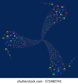 Face fireworks swirl rotation. Vector illustration style is flat bright multicolored iconic symbols on a blue background. Object whirlpool made from random pictographs.