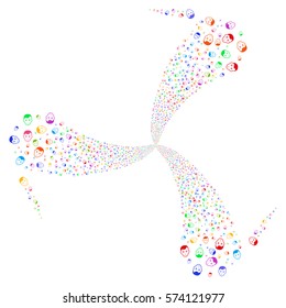 Face fireworks swirl rotation. Vector illustration style is flat bright multicolored iconic symbols on a white background. Object spiral made from random pictographs.