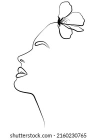 A face with a flower. Fashionable abstract female face with one line with abstract shapes. A woman's face. Portrait.