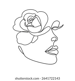Face with Flower One Line Art Beauty Drawing. Minimalistic Simple Linear Illustration of Female Head with Flower. Rose Flower on Face One Line Art for Manicure Salon Studio, Spa, Beauty Design. Not AI