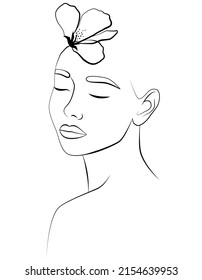 A face with a flower. Portrait. A woman's face and colored spots. A continuous line of a portrait of a girl. Fashion concept, linear female print.