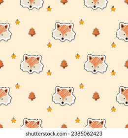 Face fox cartoon so cute. On star tree background. Pattern seamless vector illustration. 
