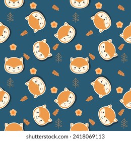 Face fox cartoon so cute. On leaf flower tree background. Pattern seamless vector illustration. 



