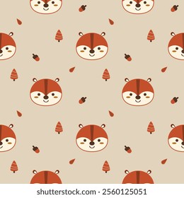 Face Fox cartoon so cute. On acorn leaf tree background. Pattern seamless vector illustration. 