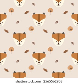 Face Fox cartoon so cute. On tree acorn leaf background. Pattern seamless vector illustration. 