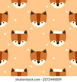 Face Fox cartoon so cute. On snow orange background. Pattern seamless vector illustration. 