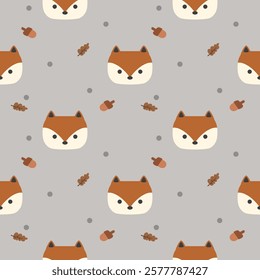 Face Fox cartoon so cute. On leaf acorn gray background. Pattern seamless vector illustration. 